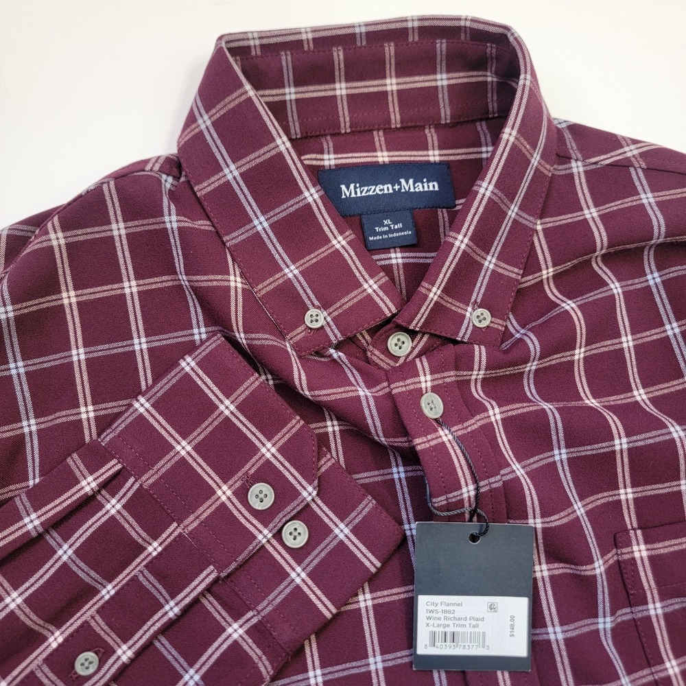 NWT Mizzen + Main City Flannel Mens XL Wine Richard Plaid Button Shirt Trim Tall